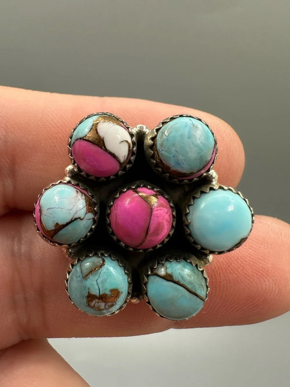 Cotton Candy Dahlia Turquoise Sterling Silver 925 Adjustable Ring Handmade